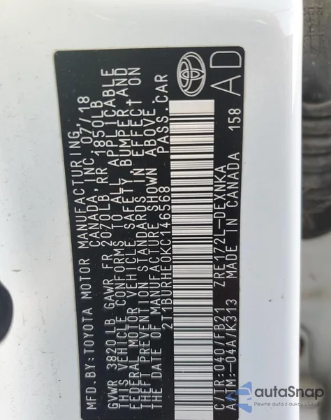 2019 Toyota Corolla L from USA, damaged, VIN 2T1BURHE0KC146568